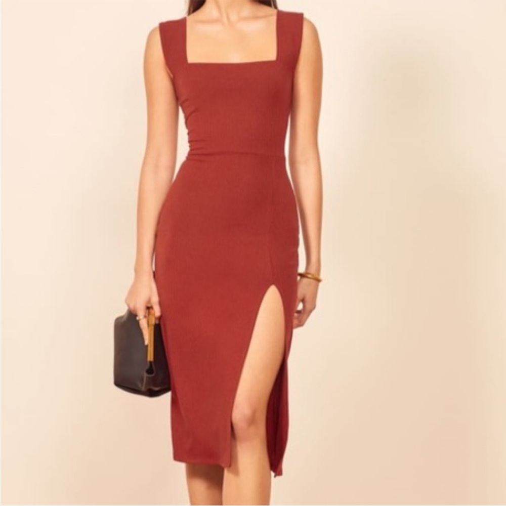 Reformation Rust Red Square-Neck Midi Dress with Side Slit